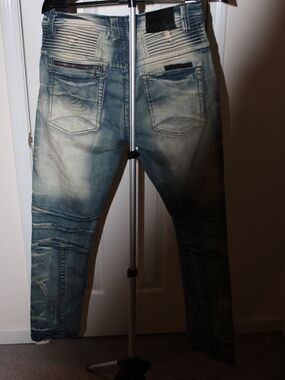 Slim Straight Men's Jeans in Washed Blue - Modern Biker Detail